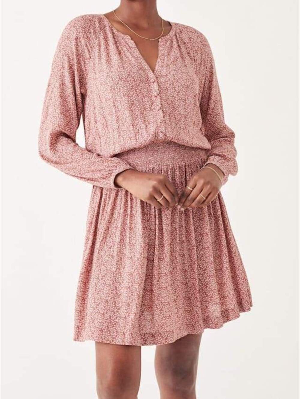 Faherty Montara Long Sleeve Mini Dress in Mauve Leaf Batik XS Boho Cottagecore